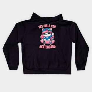 Yes Girls Can Skateboard, Skater Cat Girl Kids Hoodie